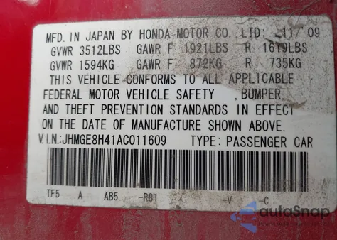 2010 Honda Fit Sport from USA, damaged, VIN JHMGE8H41AC011609